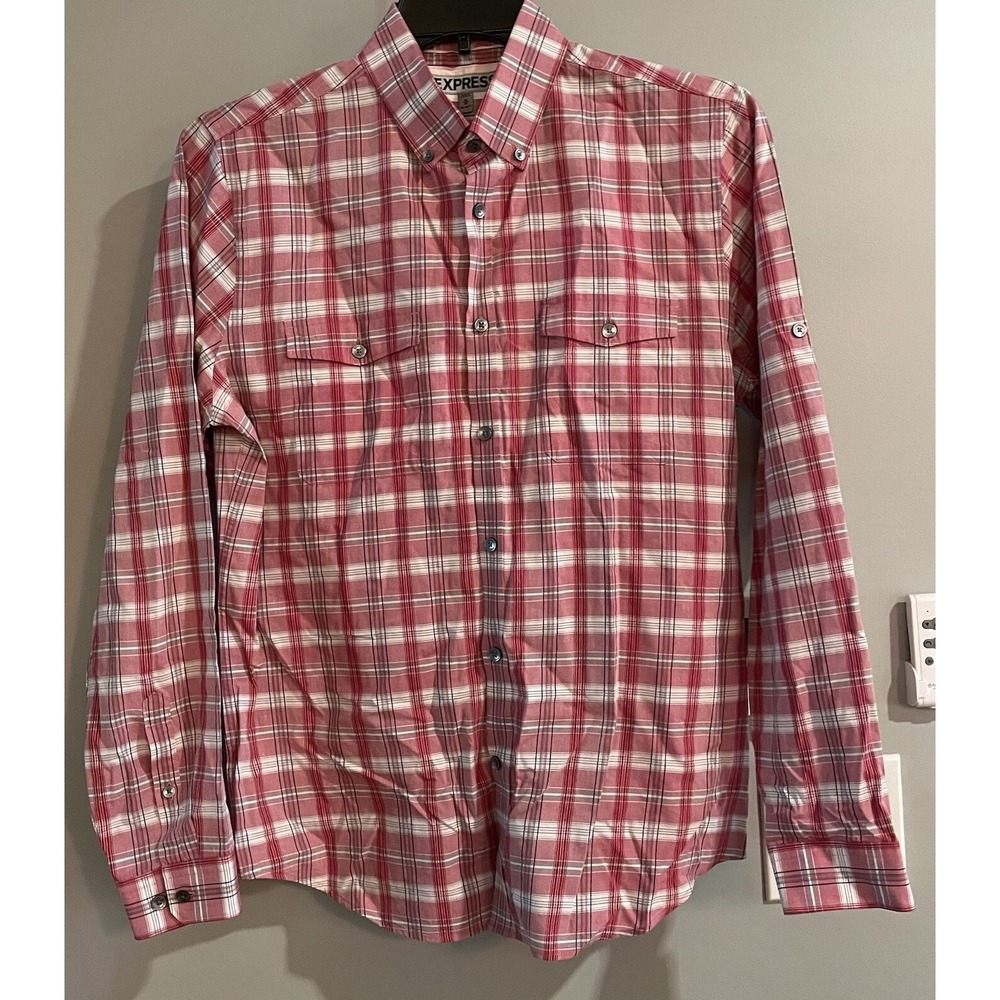 Express Shirt Fitted Plaid Long Sleeve Button Down Cotton Mens Medium